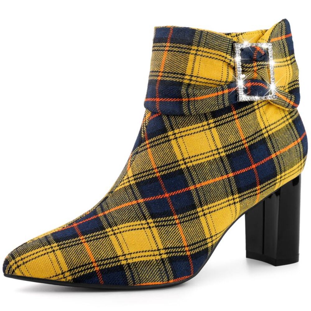 Plaid Pointy Toe Rhinestone Bow Zipper Chunky Heels Yellow Ankle Boots